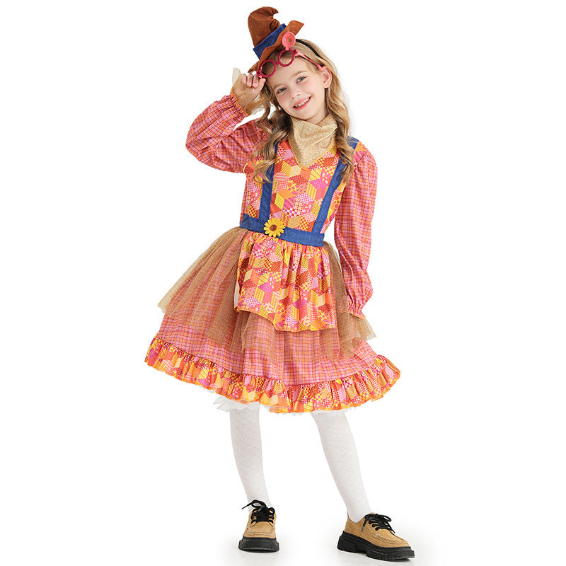 Girl Scarecrow Costume with Colorful Checkered Pattern and Stiff Hat Mune Fashion