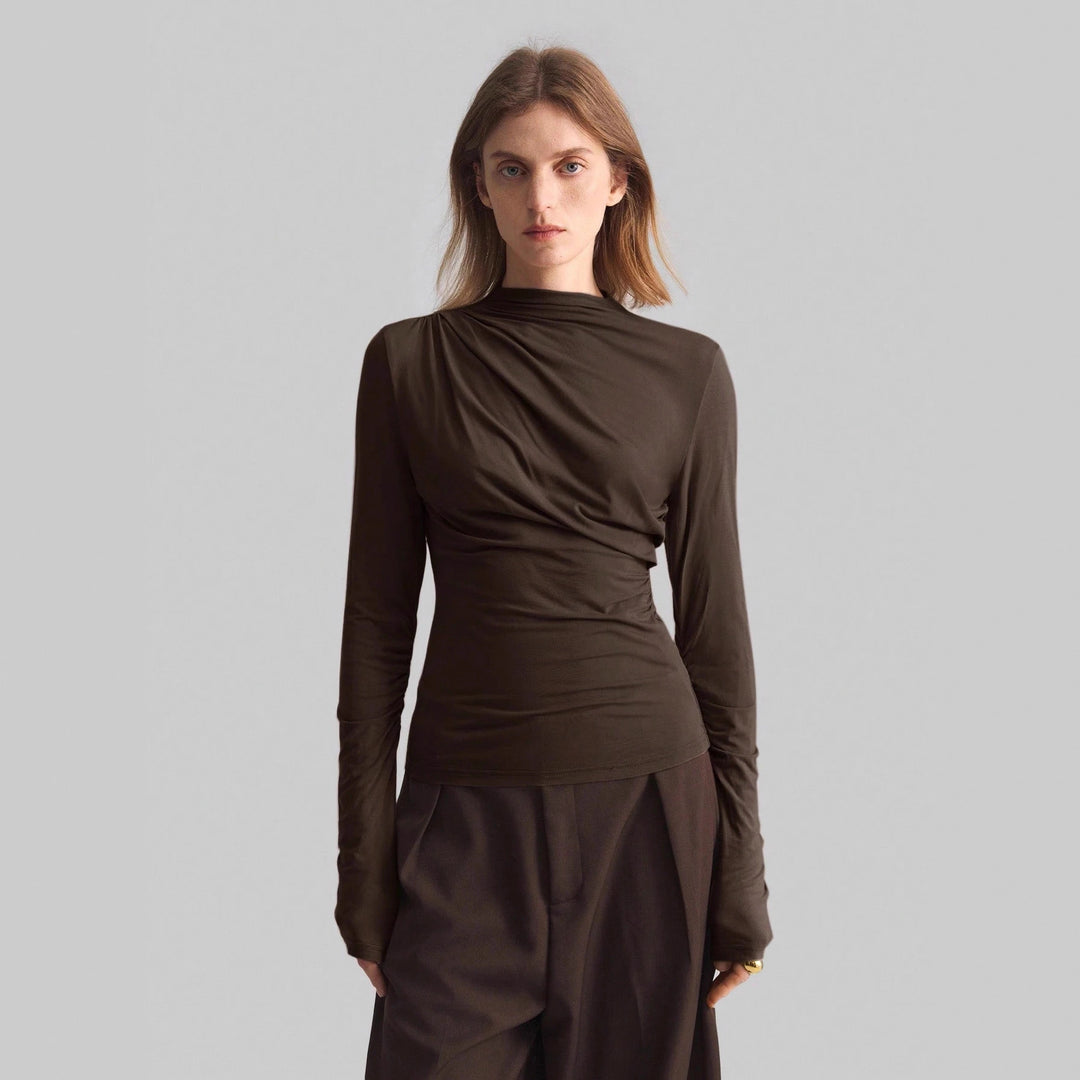 Women’s narrow cut long sleeve shirt with asymmetric draping and side gathering Mune Fashion