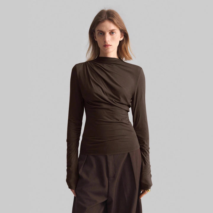 Women’s narrow cut long sleeve shirt with asymmetric draping and side gathering Mune Fashion
