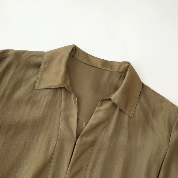 Women Loose-Fitting Tunic Shirt Blouse with Half-Open V-Neck and Wide Cuffs Mune Fashion