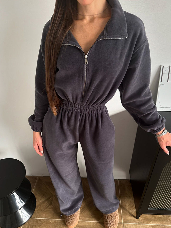 Women's cozy plush jumpsuit with half zipper and elastic waist Mune Fashion