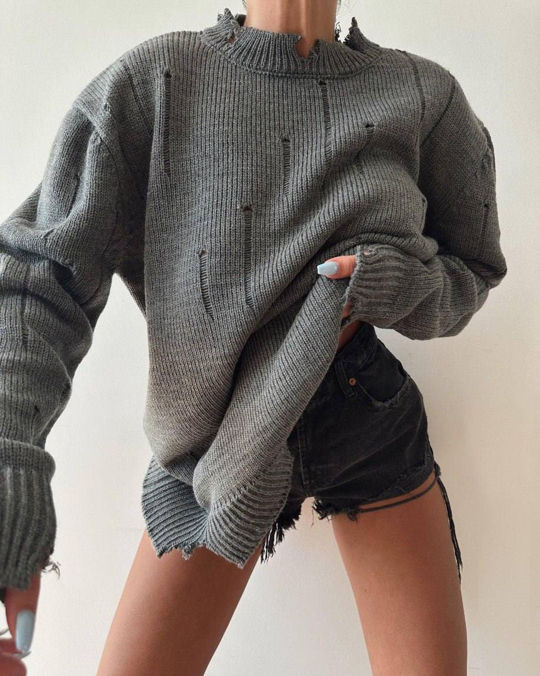 Women Oversized Chunky Knit Sweater with Distressed Details and Ribbed Hem Mune Fashion