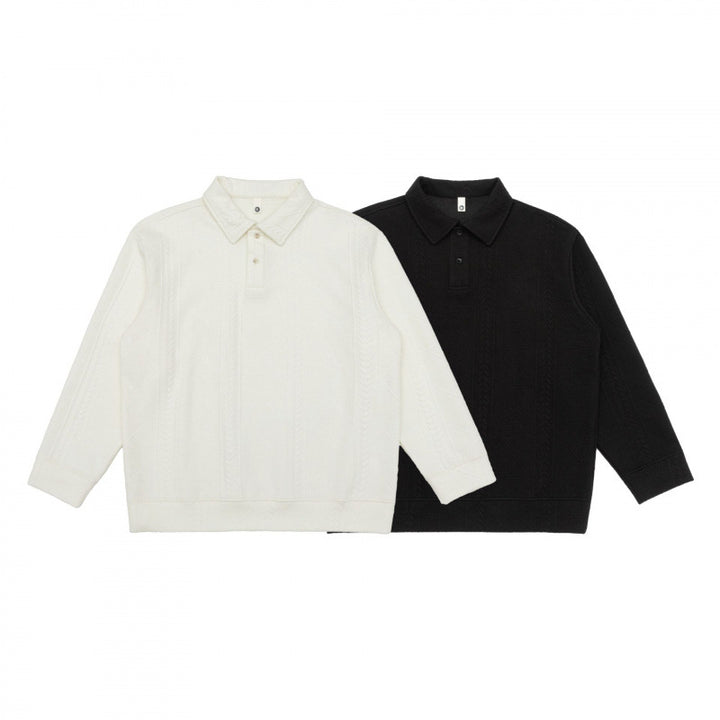 Unisex polo shirt knitted sweater with cable pattern, boxy cut and shirt collar Mune Fashion
