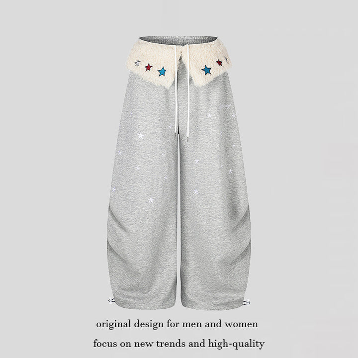 Women's Extra Wide Palazzo Jogging Pants with Teddy Waistband, Drawstring, and Star Embroidery Mune Fashion