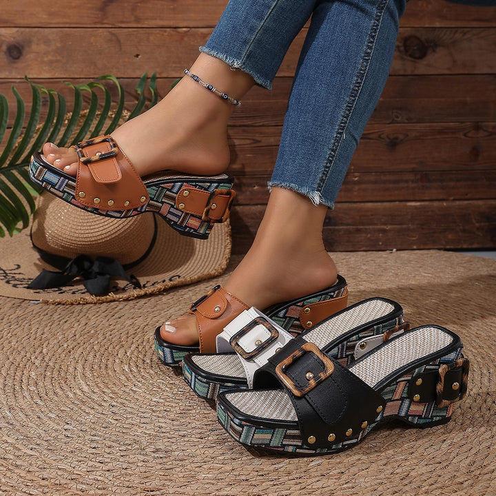 Women's Patterned Platform Mules with Decorative Buckle, Studs and Padded Footbed Mune Fashion