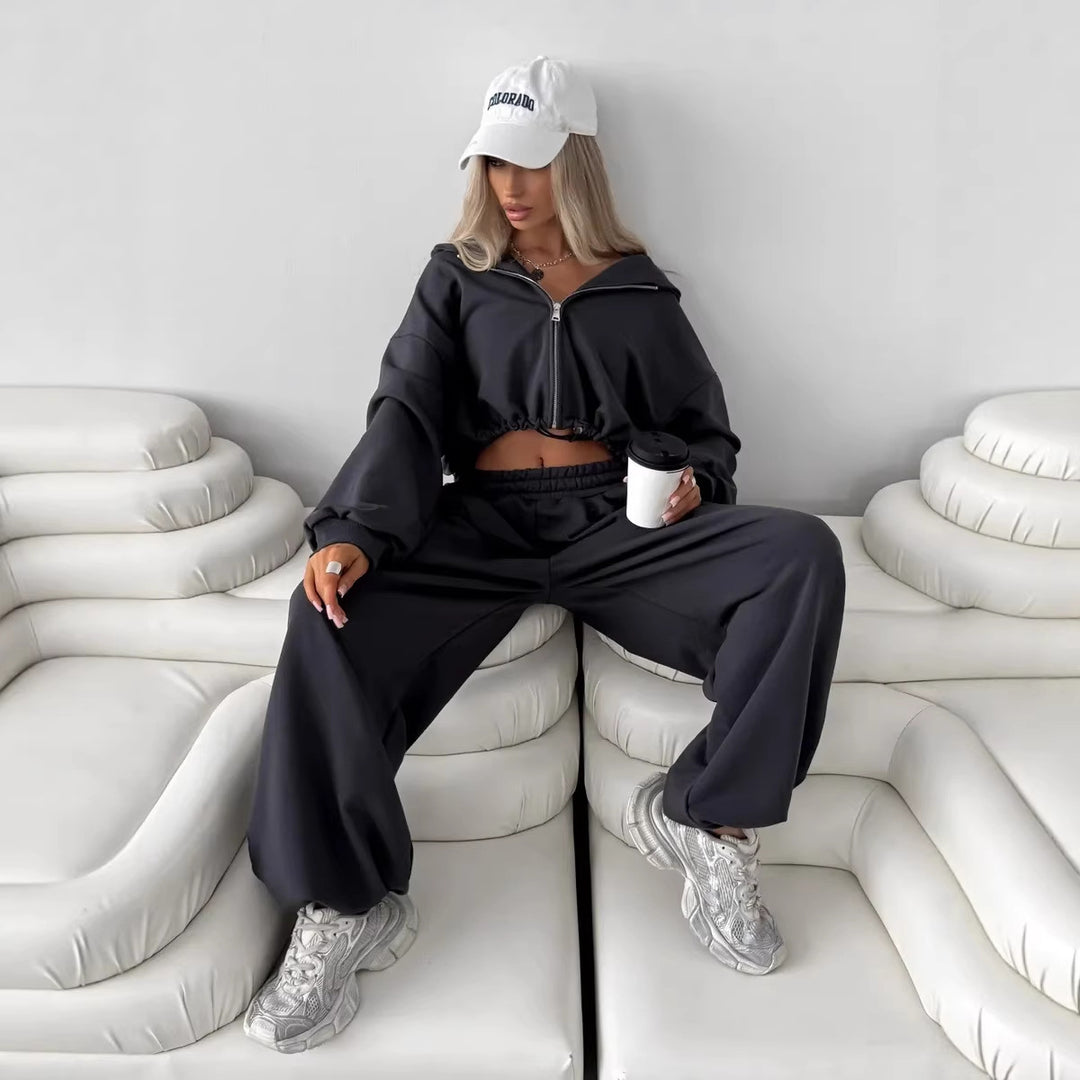 Women's loose-fitting cropped zip hoodie and palazzo jogger set Mune Fashion