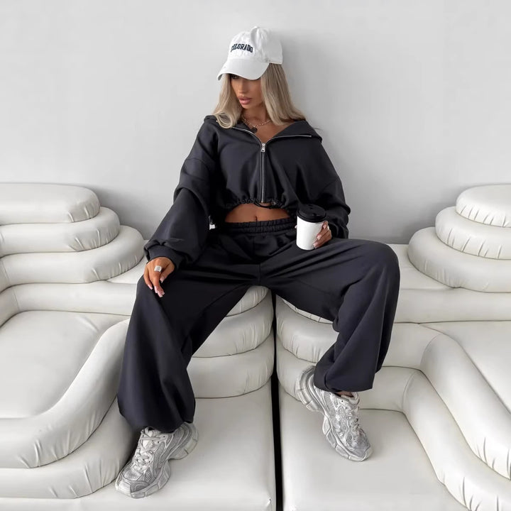 Women's loose-fitting cropped zip hoodie and palazzo jogger set Mune Fashion