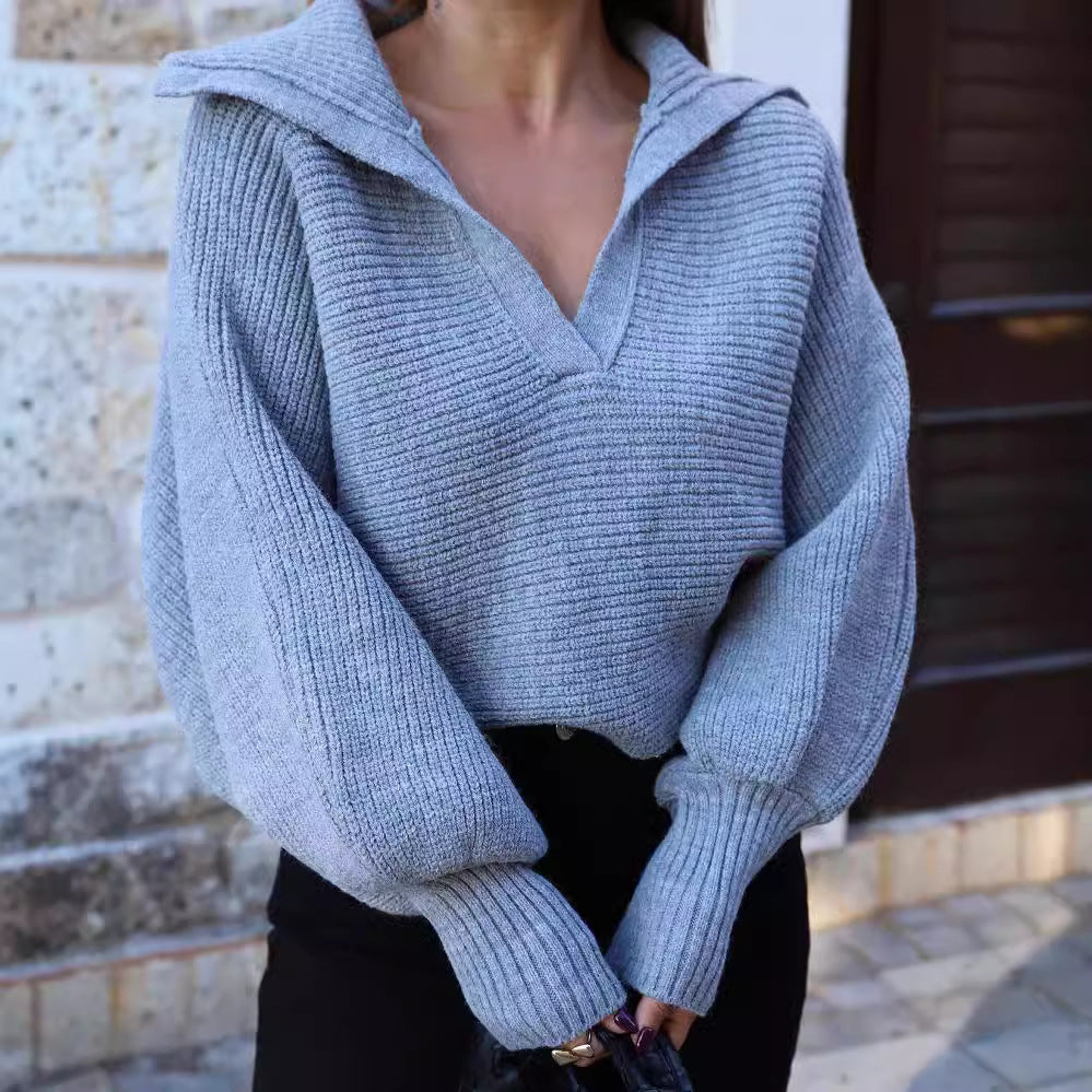 Women's Oversize Rib Sweater with Lapel Collar and Deep V-Neck Mune Fashion