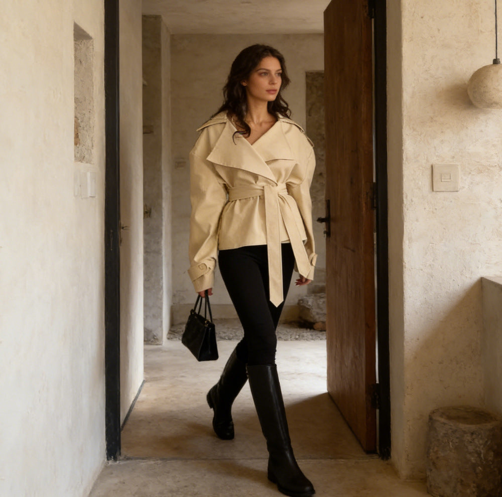 Women's Cropped Trench Coat with Double Button Placket, Waist Belt, and Shoulder Straps Mune Fashion