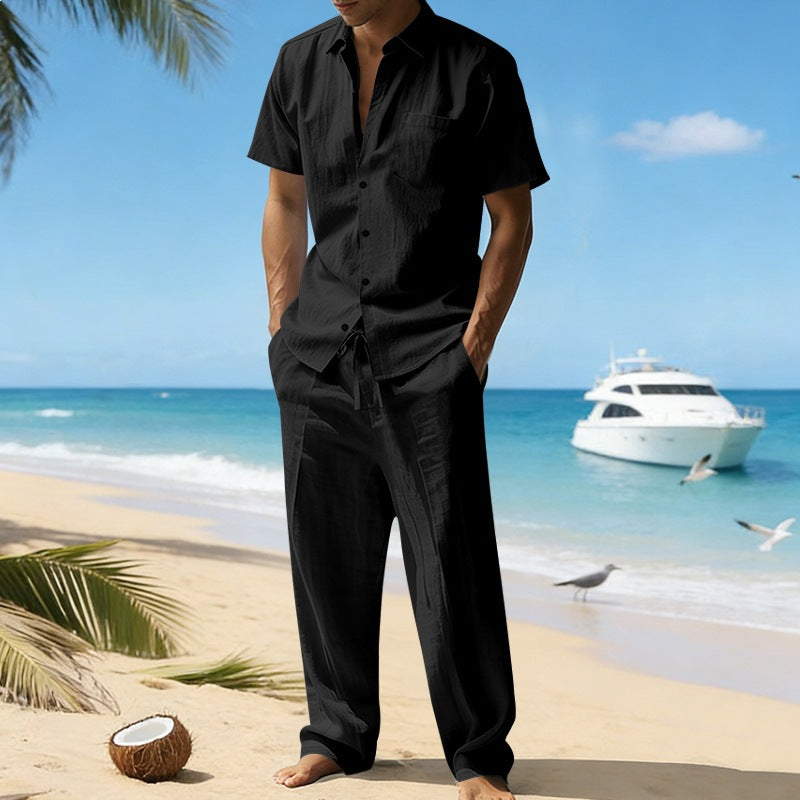 Men's resort-appropriate short-sleeve shirt with chest pocket and casual linen drawstring pants Mune Fashion