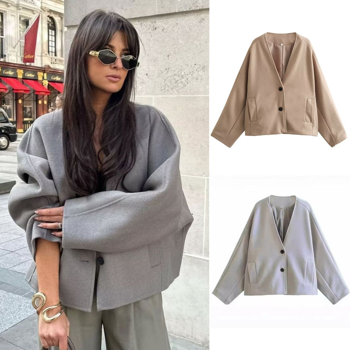 Women's oversized V-Neck short jacket made of wool blend with raglan sleeves and patch pockets Mune Fashion