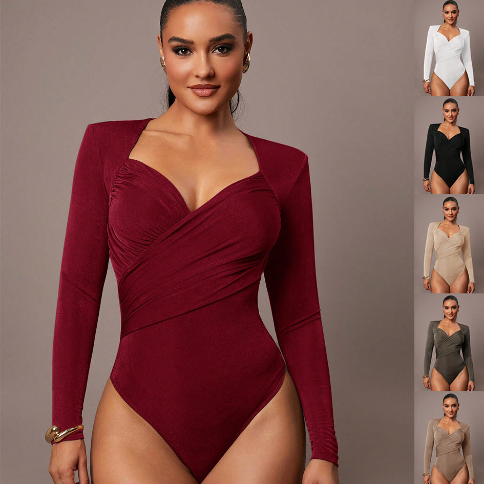 Women's Sculpting Body with Wrap Front, Heart Neckline and Long Sleeves Mune Fashion