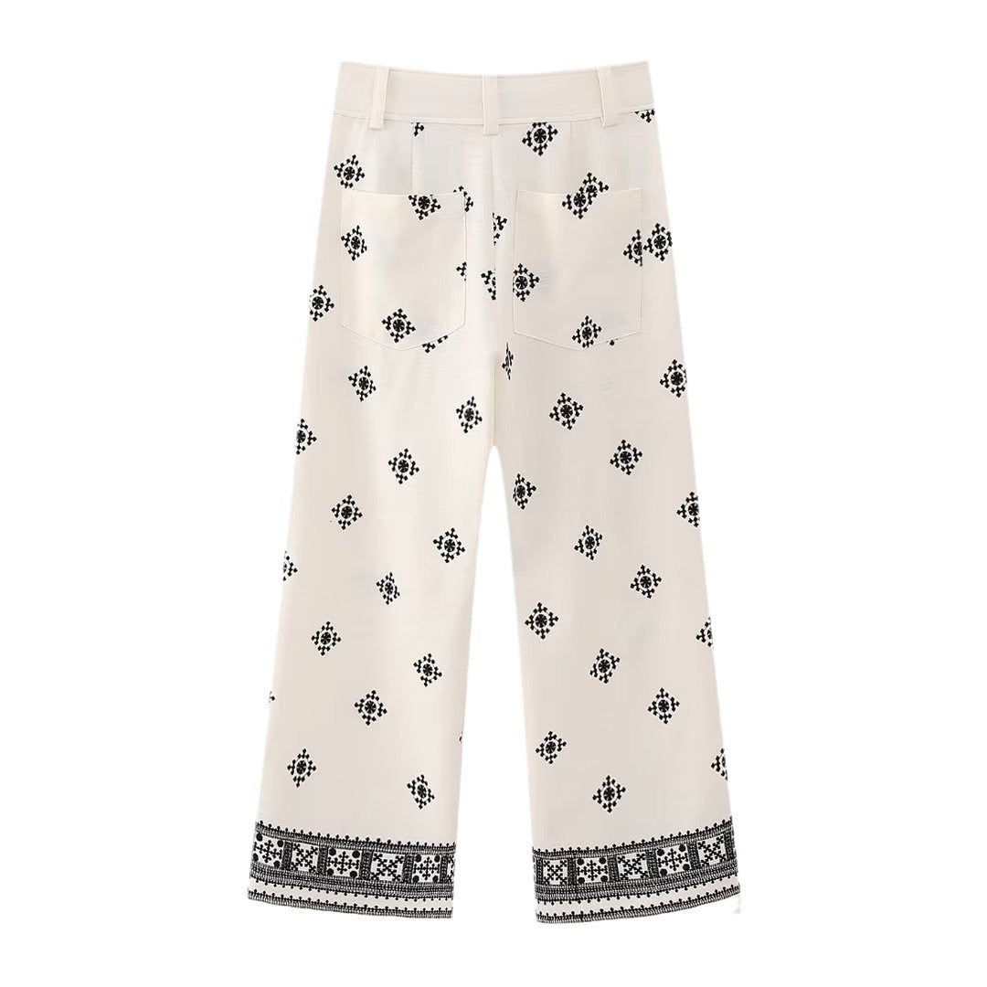Women Embroidered Culotte Pants with Wide Leg and Border Print Mune Fashion