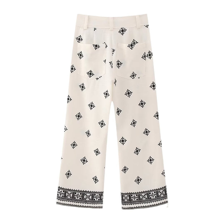Women Embroidered Culotte Pants with Wide Leg and Border Print Mune Fashion