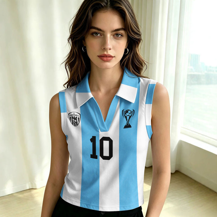 Women's sleeveless polo shirt crop top with V-neck, classic collar, and patriotic print Mune Fashion
