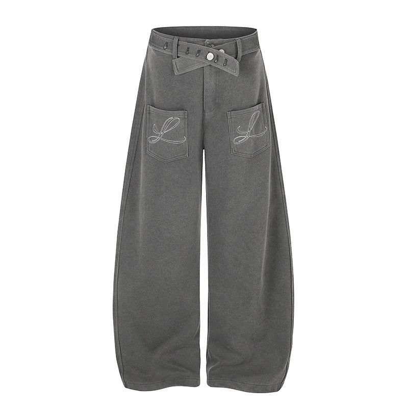 Women's Wide High-Waist Palazzo Jogging Pants with Pockets, Decorative Embroidery and Adjustable Belt Mune Fashion