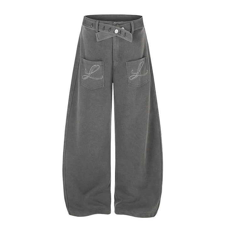 Women's Wide High-Waist Palazzo Jogging Pants with Pockets, Decorative Embroidery and Adjustable Belt Mune Fashion