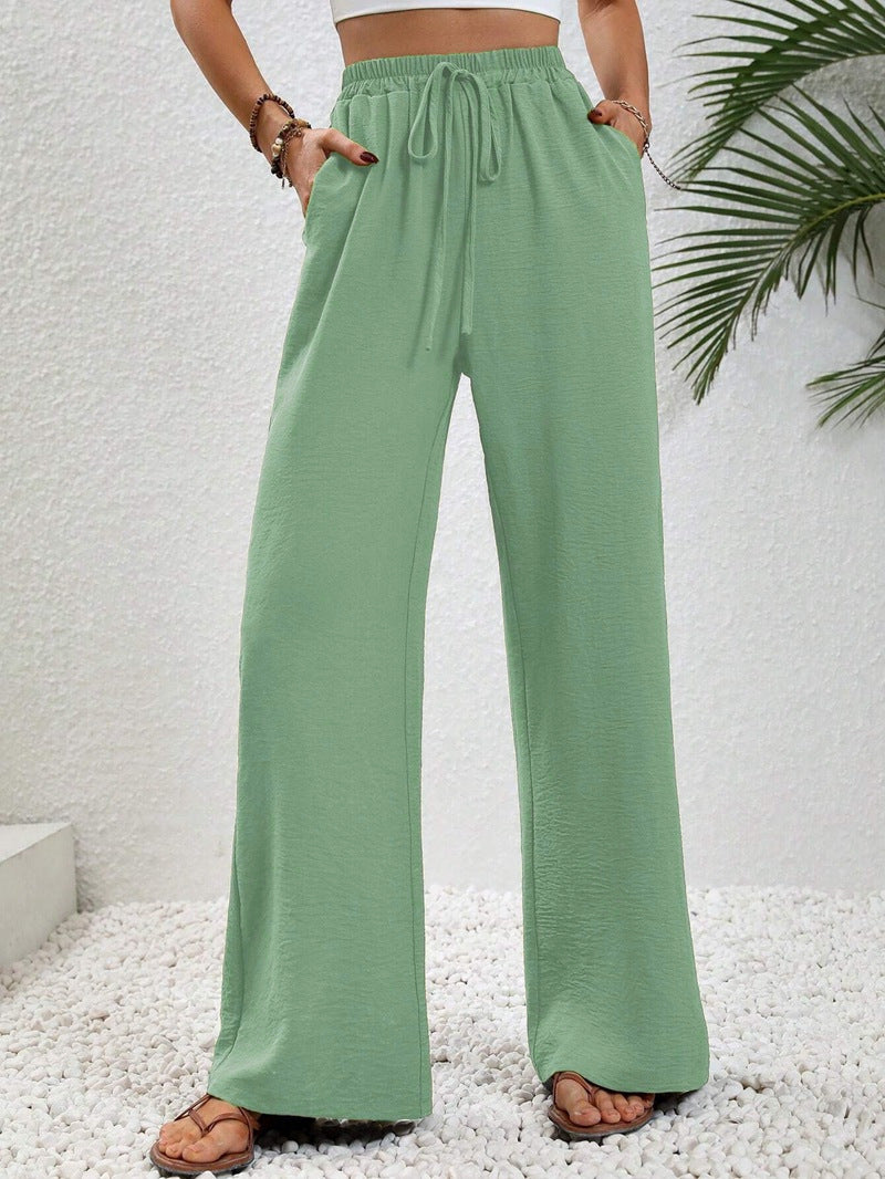 Women Wide Palazzo Pants with High Elastic Waistband, Drawstring and Side Pockets Mune Fashion
