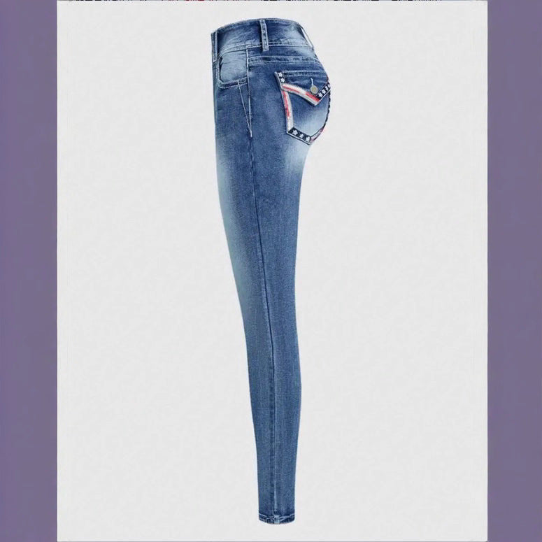 Women High-Waisted Cropped Skinny Jeans with Double Button and Vintage Wash Mune Fashion