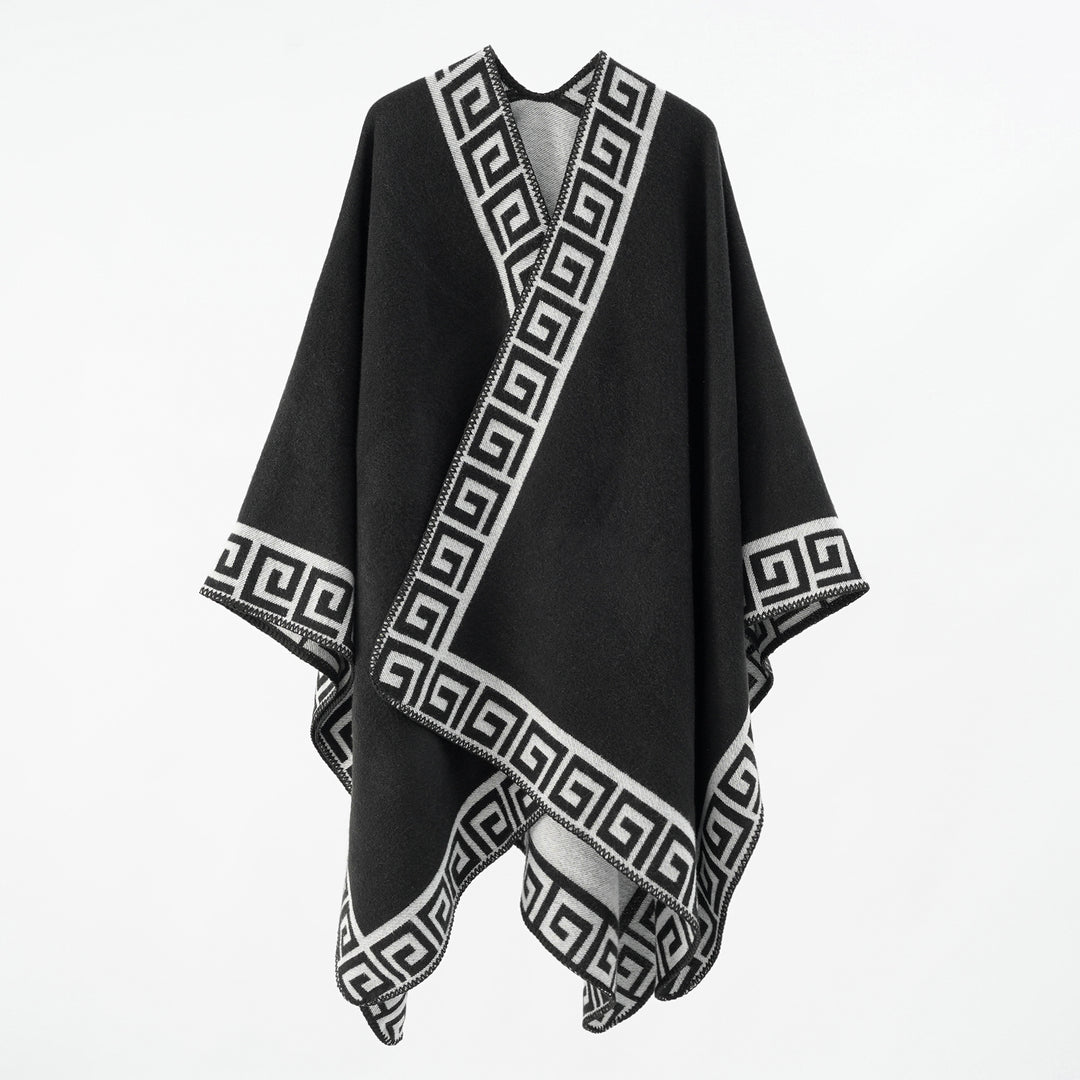 Women's Cape Poncho with Meander Border and Wool Mix Quality Mune Fashion