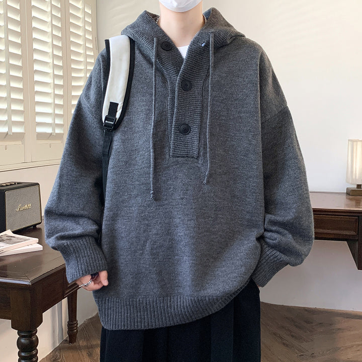 Unisex Oversize Knit Hoodie with Half Button Placket and Ribbed Cuffs Mune Fashion