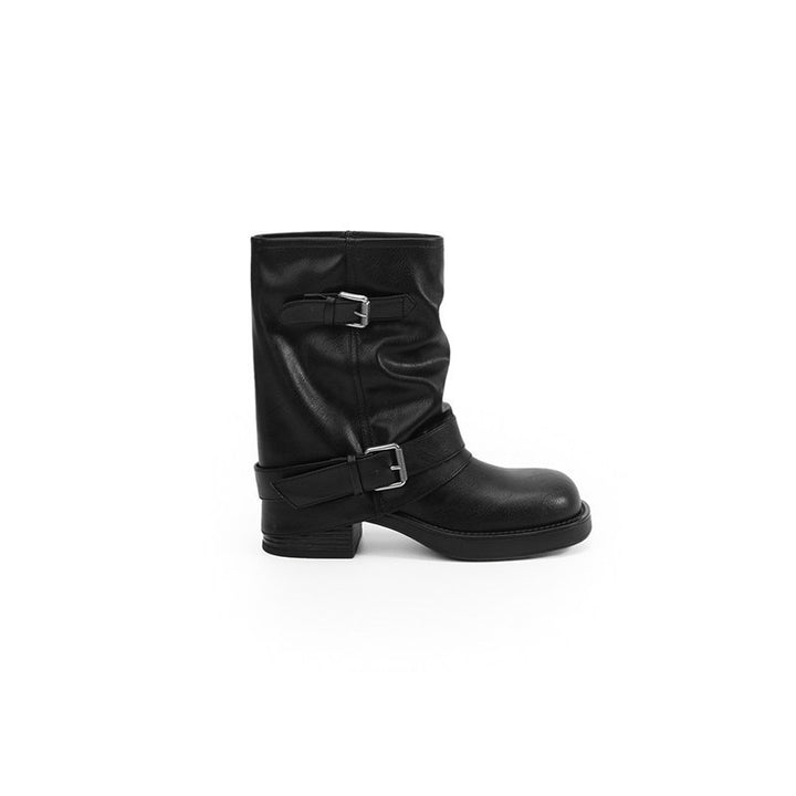 Women's calf-high biker boots made of smooth leather with double buckles and gathered shaft Mune Fashion