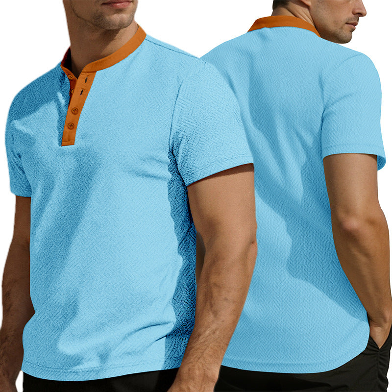 Men's slim short sleeve Henley polo shirt with Mandarin collar and fine jacquard texture Mune Fashion