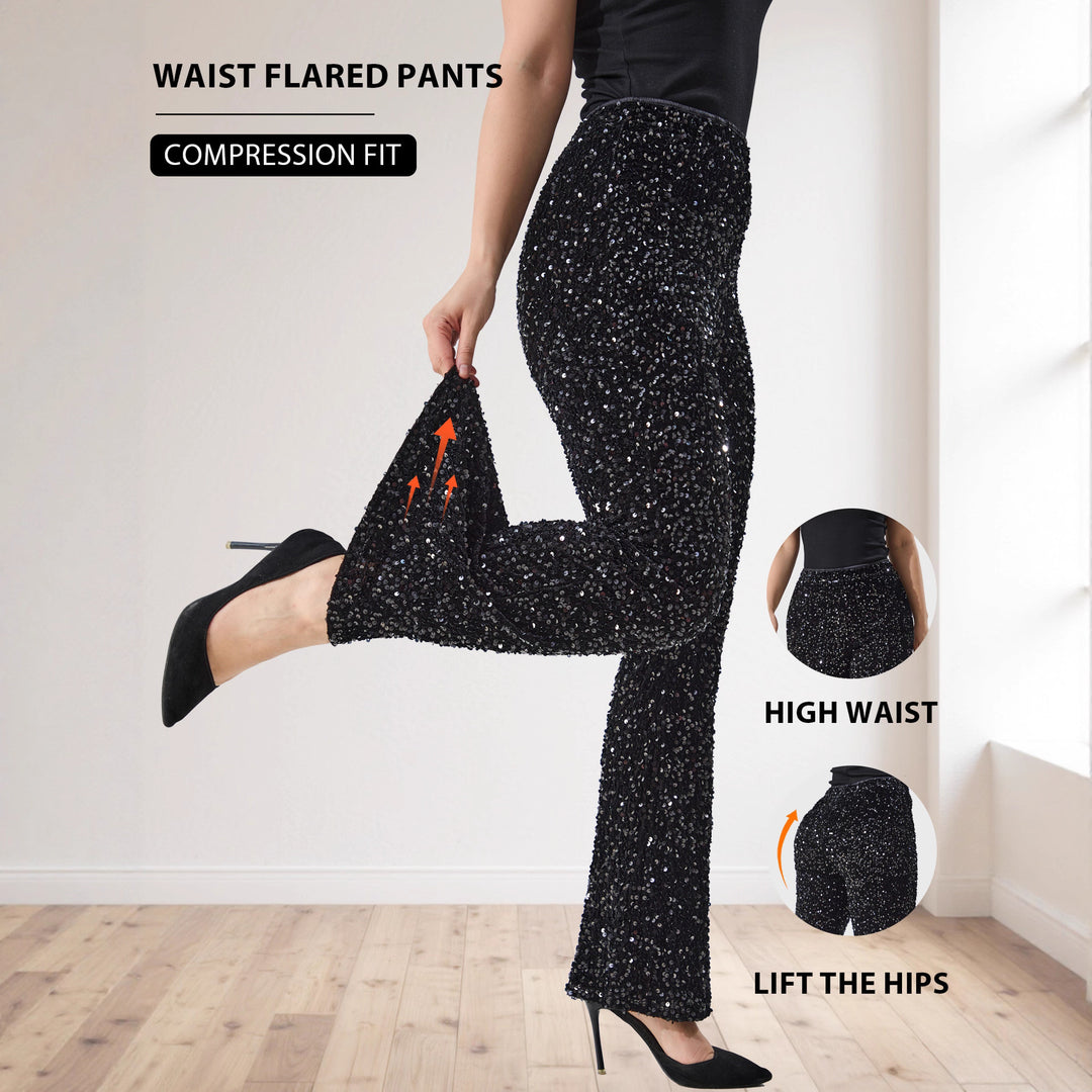 Women Glittering Sequin Pants with Wide Legs and High Waist Mune Fashion