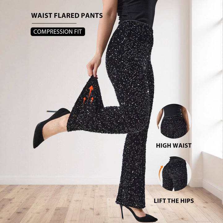 Women Glittering Sequin Pants with Wide Legs and High Waist Mune Fashion