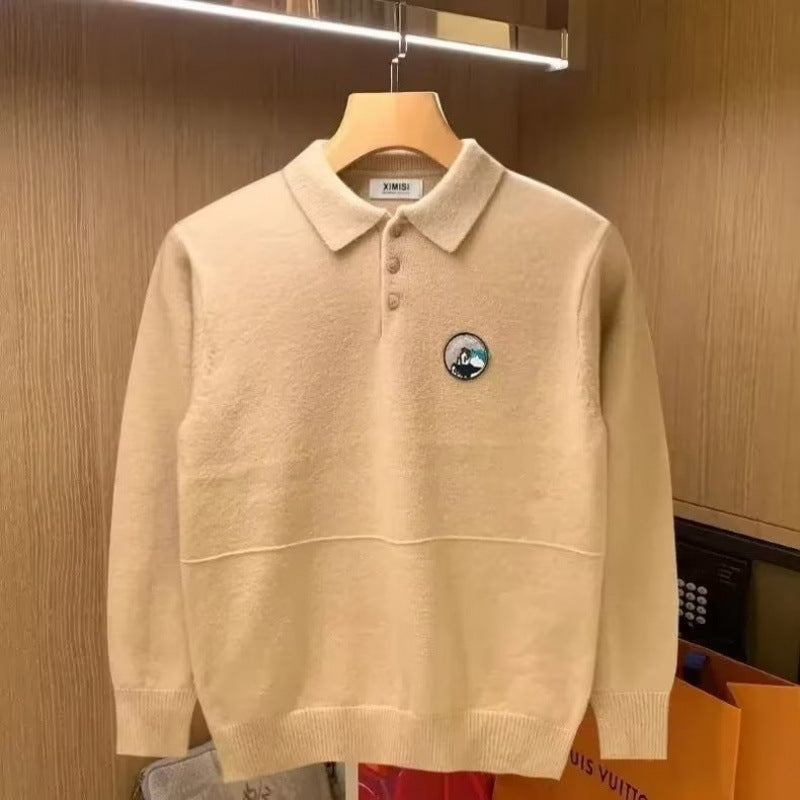 Men's Polo Collar Fine Knit Sweater with Emblem and Ribbed Cuffs Mune Fashion