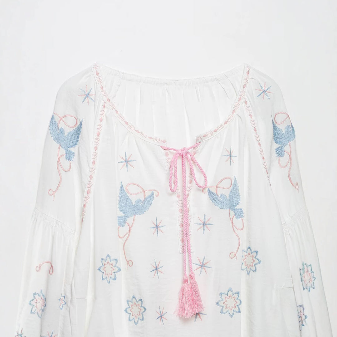 Women Embroidered Airy Boho Tunic with Tassel Band and Balloon Sleeves Mune Fashion