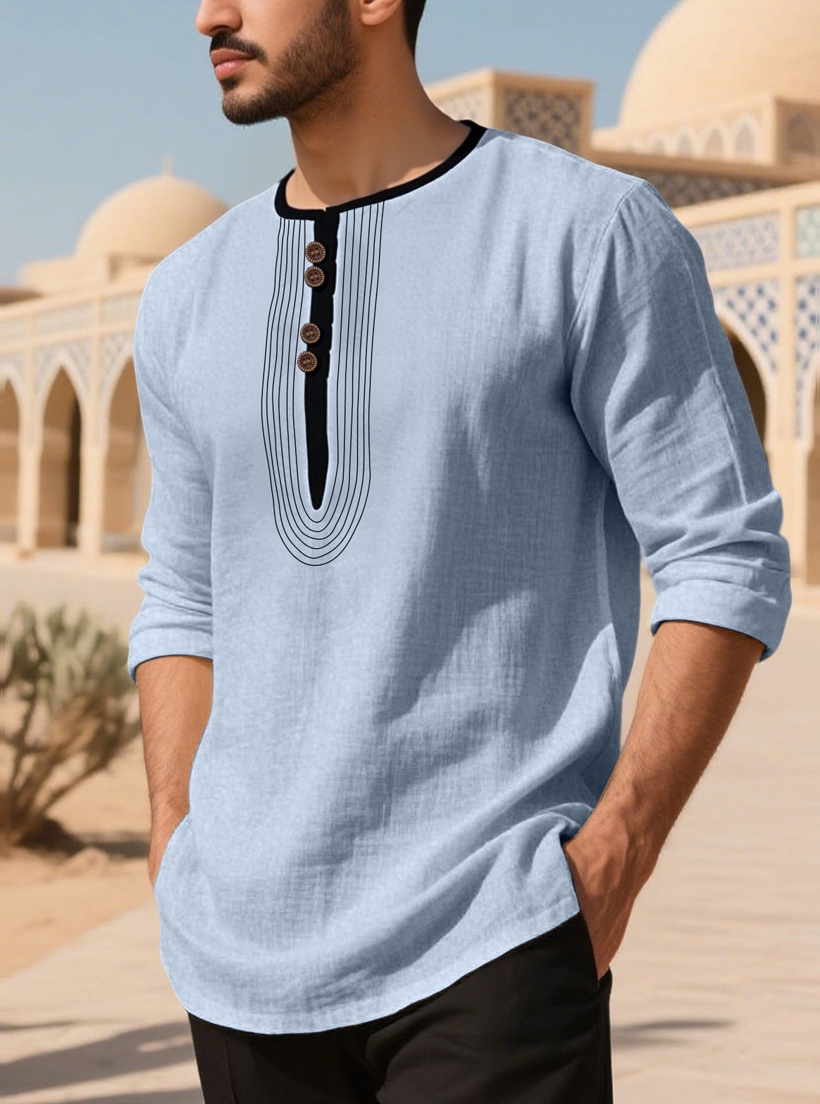 Men's Casual Linen Blend Long Sleeve Shirt with Decorative Button Placket and Decorative Stitching Mune Fashion