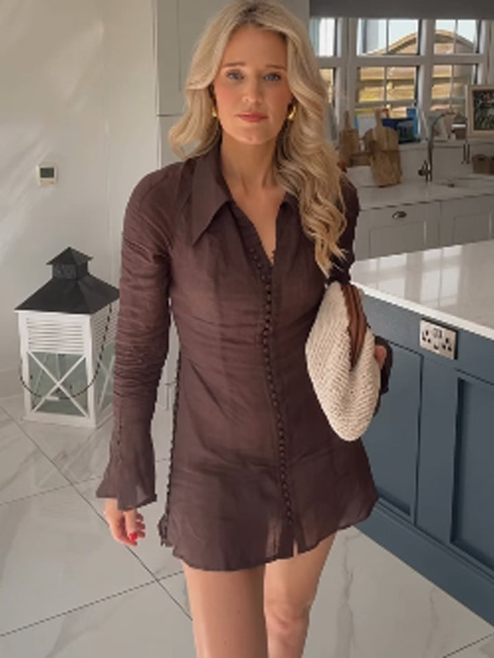 Women's Tailored Linen Mini Dress with Shirt Collar and Decorative Button Placket Mune Fashion