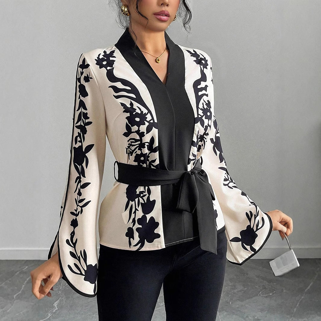 Women's kimono blouse with floral print, V-neck and waist tie belt Mune Fashion