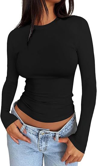 Ladies Body-hugging Long Sleeve Shirt in Cropped Look with Extended Sleeves and Thumb Hole Mune Fashion