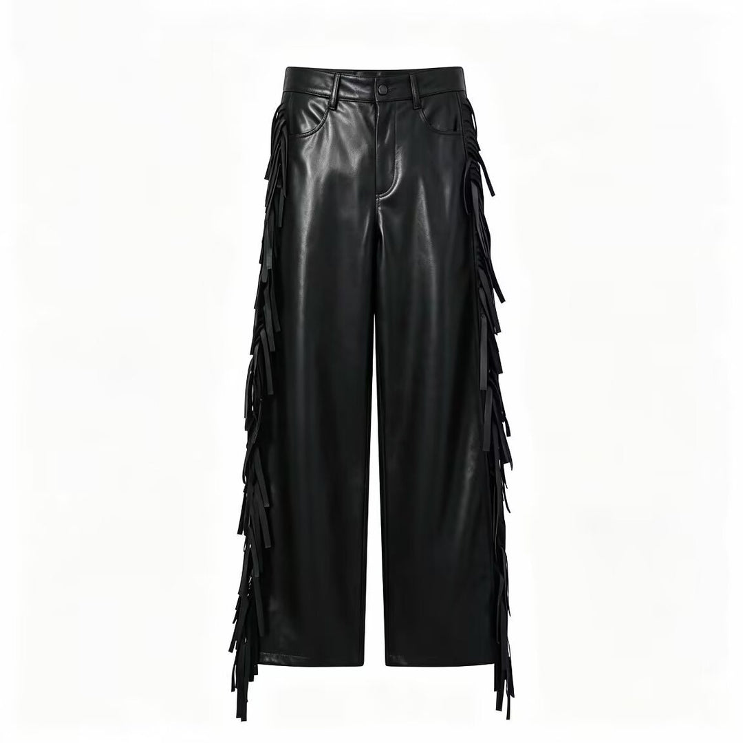 Women's Wide Faux Leather Culotte with Side Fringes Mune Fashion