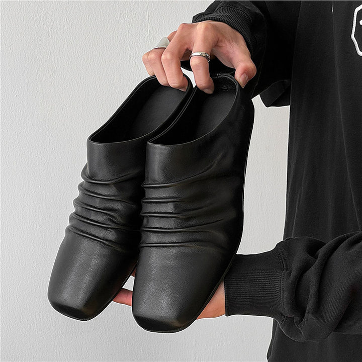 Women's Leather Mules with Square Toe and Gathered Upper Material Mune Fashion