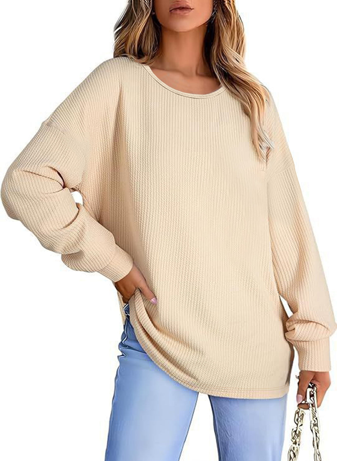 Women's Oversize Waffle Knit Sweater with Round Neck, Balloon Sleeves, and Extended Hem Mune Fashion