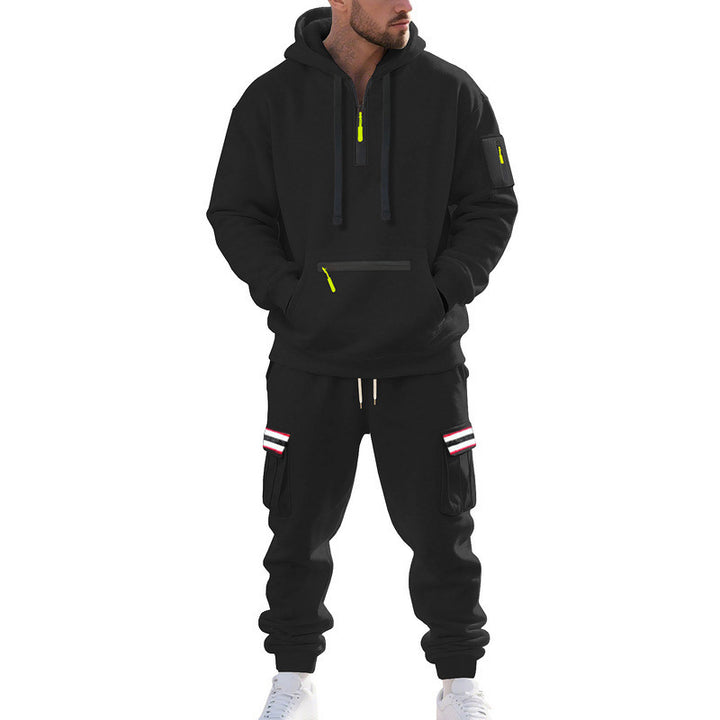 Men's Cargo Hoodie and Jogging Pants Set with Half Zip, Zipper Kangaroo Pocket and Elastic Drawstring Waist Mune Fashion
