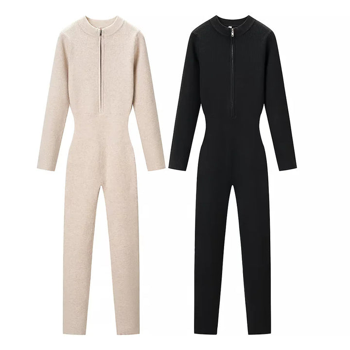 Women’s body-hugging ribbed jumpsuit with high collar and half-concealed zipper Mune Fashion