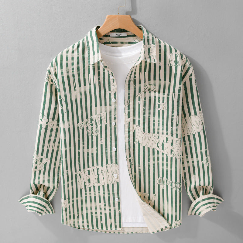 Men's Lightweight Shirt in Striped Lettering Mix with Chest Pocket and Loose Fit Mune Fashion