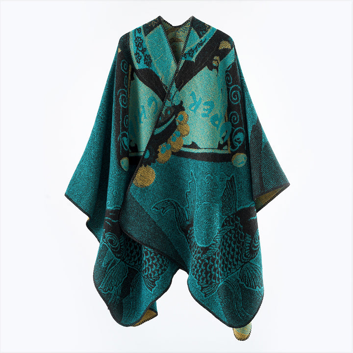 Women's Jacquard Knit Cape with Koi Motif and Wide Oversize Fall Mune Fashion