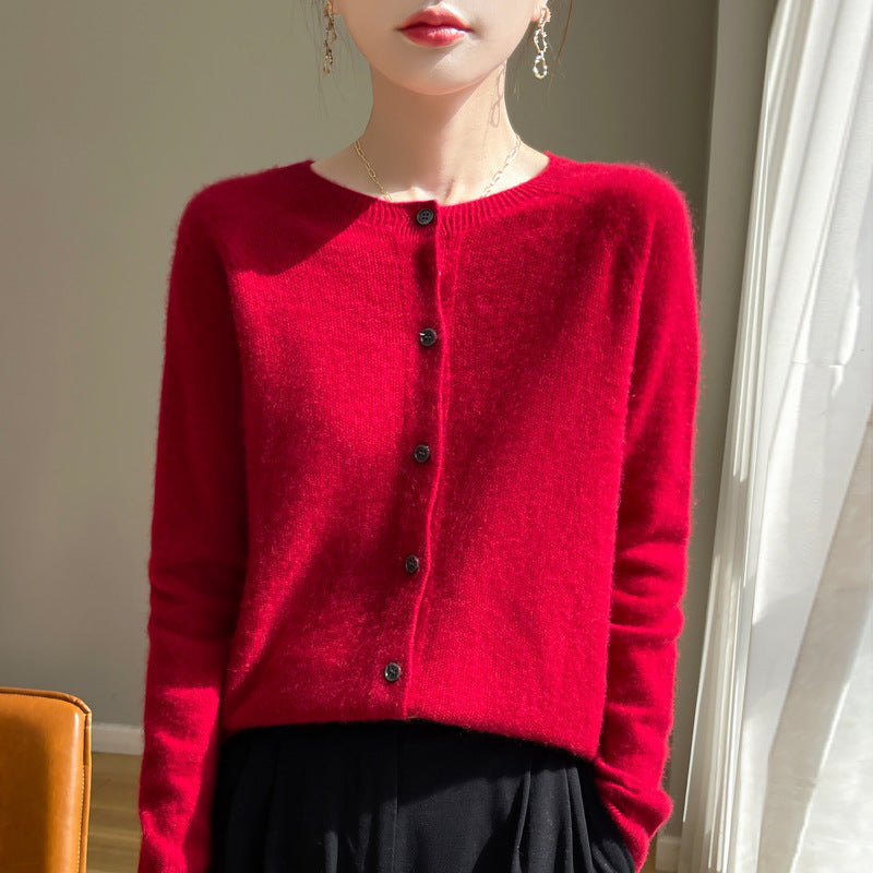 Women's Short-Cut Fine Knit Cardigan with Round Neck and Shimmering Button Placket Mune Fashion