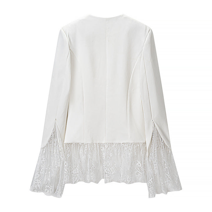 Women's tailored blazer jacket with delicate lace trim and flared sleeves Mune Fashion