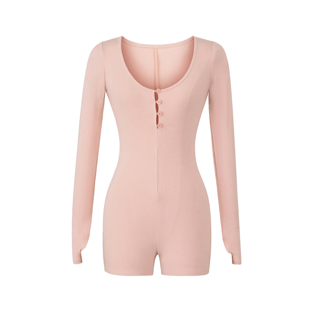 Women Fitted Long Sleeve Bodysuit with Button Placket and Short Shorts Mune Fashion