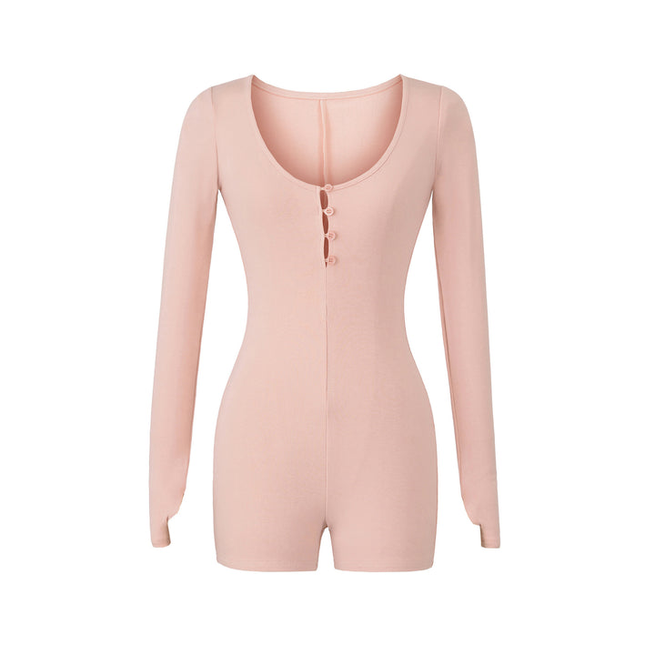 Women Fitted Long Sleeve Bodysuit with Button Placket and Short Shorts Mune Fashion