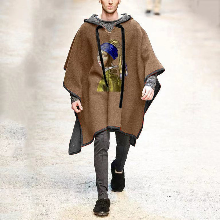 Men's Oversized Hooded Poncho made of Knit with Geometric Mosaic Pattern Mune Fashion