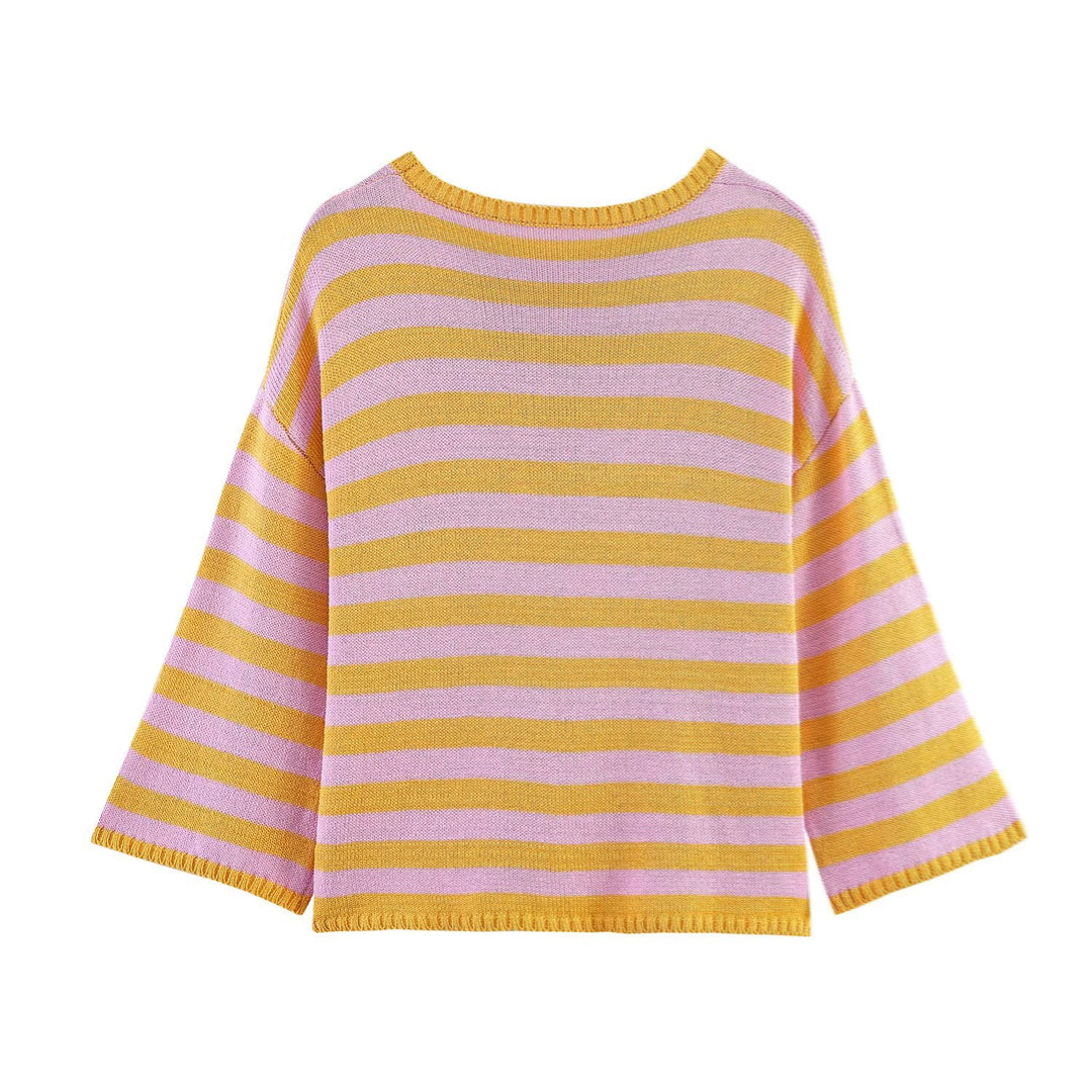 Women Oversized Striped Fine Knit Sweater with Round Neck and Half-Length Sleeves Mune Fashion