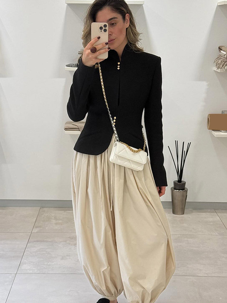 Women's Tailored Structured Blazer with Stand Collar & Decorative Button Placket Mune Fashion