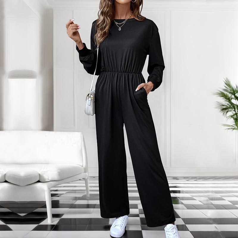 Women's Casual Jumpsuit with Elastic Waist, Side Pockets and Wide Leg Mune Fashion
